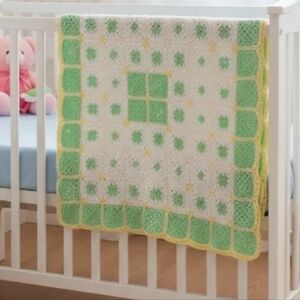 Hand Knit Crochet Blanket, Crib/Twin Green White Yellow 39"x40" Project Linus